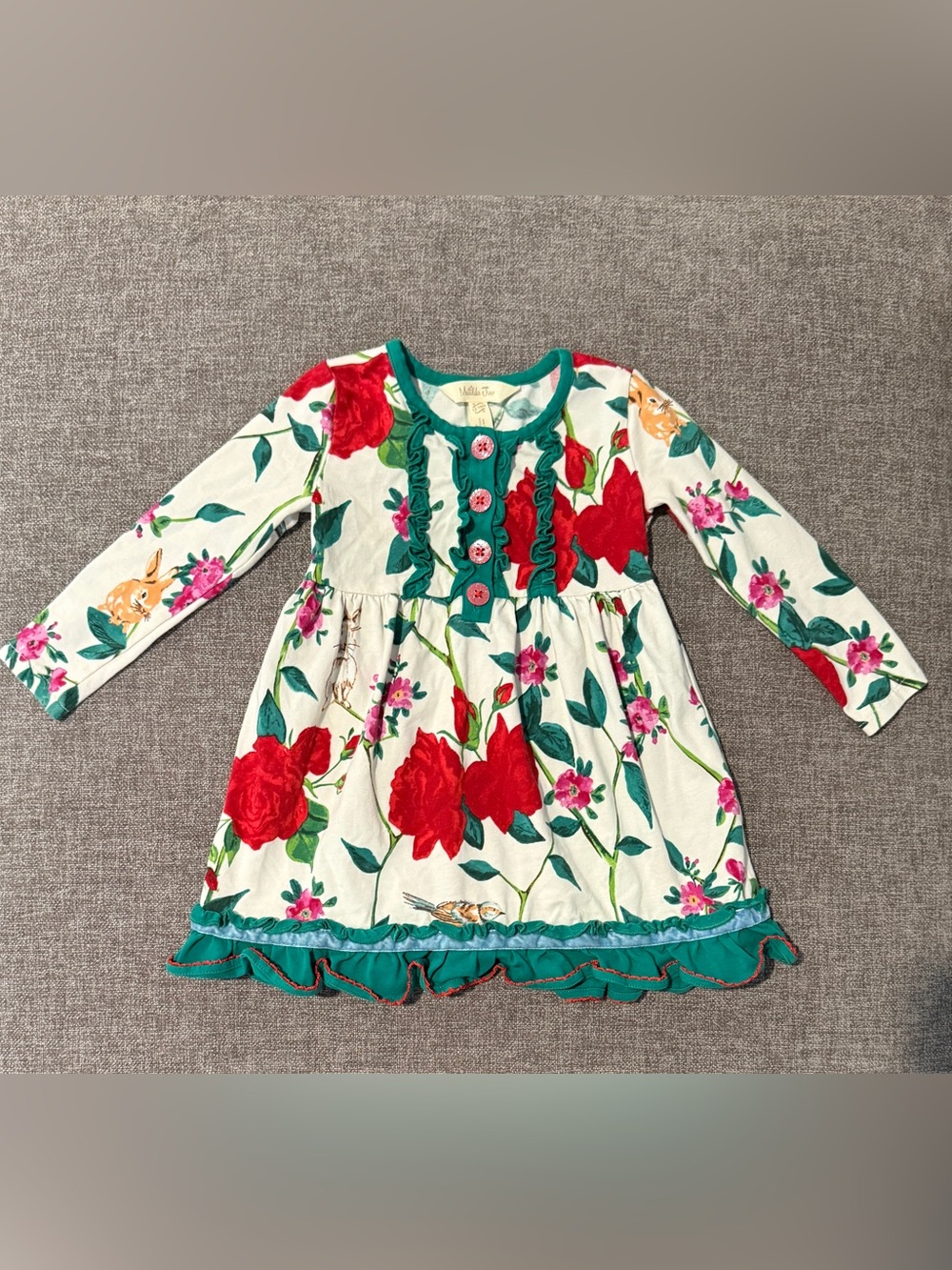 Matilda Jane Floral Ruffle Long-Sleeve Dress - Cream with Red Roses 12-18m